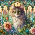 Serene Art Nouveau Stained Glass Cat Portrait with Church and Plants