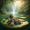 A Serene Jungle Scene: Cat Nursing Kittens on a Giant Water Lily Leaf