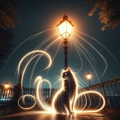 Whispers in the Night: Enigmatic Cat Beneath a Victorian Street Lantern