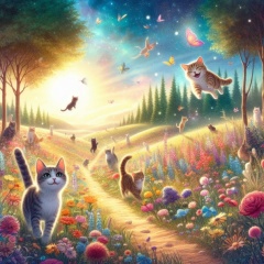 Happy Tabby Cats in a Lush Afterlife Paradise