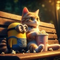 Surprised Tabby Cat and Minion Enjoy Popcorn on a Park Bench