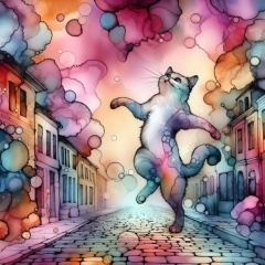 Cheerful Psychedelic Cat Dancing on a Cobblestone Street - Pink and Blue Pastel Artwork