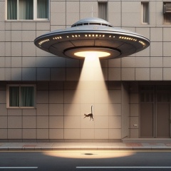 Whimsical UFO Encounter with a Floating Cat on a City Street Corner