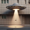 Whimsical UFO Encounter with a Floating Cat on a City Street Corner