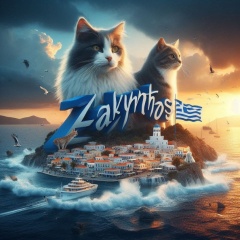 Majestic Sunset on Zakynthos: Towering Cats and Greek Flag Overlook Serene Island