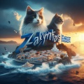 Majestic Sunset on Zakynthos: Towering Cats and Greek Flag Overlook Serene Island