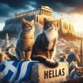 Serene Sunset in Athens: Cats on Hellas Rock with Acropolis Backdrop