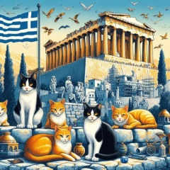 Artistic Cats of Athens: A Stylized View of the Acropolis and Greek Flag