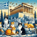 Artistic Cats of Athens: A Stylized View of the Acropolis and Greek Flag