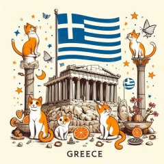 Athens Charm: Cats at the Acropolis with Greek Flag