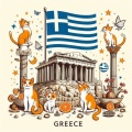 Athens Charm: Cats at the Acropolis with Greek Flag