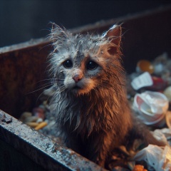 Heartbreaking Close-Up of a Sick, Dirty, and Underweight Cat in a Dumpster