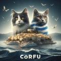 Serenity at Sunrise: Corfu Island Double Exposure with Greek Flag Cats