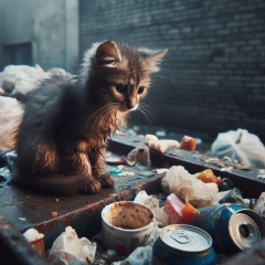 Empathetic Portrayal: A Desolate Kitten's Quest for Survival in the Depths of a Dumpster
