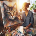 Intricate Watercolor Cat Portrait: A Masterpiece in a Chaotic Sunlit Art Studio