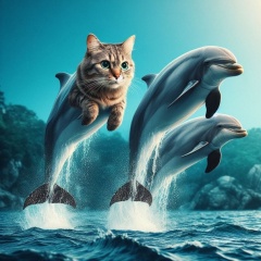 Cinematic Dolphin-Cat Hybrid Leaping from Serene Coastal Waters