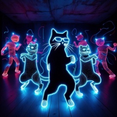 Neon Dance Party: Funky Cats Grooving Under Black Lights