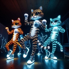 Playful Neon Cats Dancing in the Dark