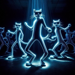 Funky Feline Groove: Long Exposure Light Painting of Cats Dancing Under Blacklight