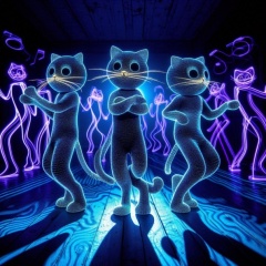 Feline Groove: Psychedelic Cats Dance in Neon Glow