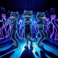 Feline Groove: Psychedelic Cats Dance in Neon Glow