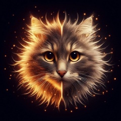 Mystical Cat Face in the Sky with Golden and Silver Lighting Effects