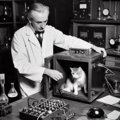 Erwin Schrödinger Unveils the Cat: 1940s Lab Experiment in Vintage Black-and-White