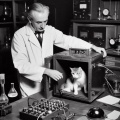 Erwin Schrödinger Unveils the Cat: 1940s Lab Experiment in Vintage Black-and-White