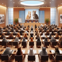 Humorous Cat Conference: Cats Attentively Learning About Cat Food