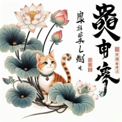 Serene Chinese Calligraphy with Realistic Cat and Lotus Flowers in Various Bloom Stages
