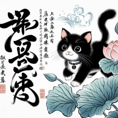 Traditional Chinese Calligraphy with a Charming Cat and Lotus Flowers