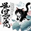 Traditional Chinese Calligraphy with a Charming Cat and Lotus Flowers