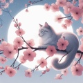 Dreamy White Cat on Cherry Blossom Branch Under a Moonlit Sky