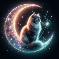Enchanted Feline on a Crescent Moon: A Mystical Night Sky Encounter