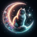Enchanted Feline on a Crescent Moon: A Mystical Night Sky Encounter