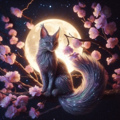  Stardust Cat on Moonlit Cherry Blossom Branch: An Otherworldly Night Scene