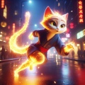 Fire Cat Dashing Through Neon-Lit Chinatown at Night
