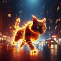 Fiery Cat Dashing Through Busy Manhattan Streets at Night