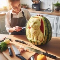 Masterpiece Melon: Carved Cat Elegance in a Sunlit Kitchen