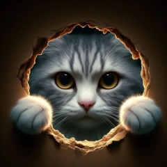 White Tabby Cat Looking Through a Hole in the Wall