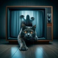 Eerie AI-Generated Image: Cat Emerging from TV, The Ring Style