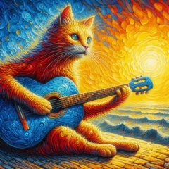 Vibrant Expressionism: Red Cat with Blue Guitar in Yellow Setting