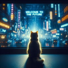 Futuristic Feline: A Cat Gazes at a Neon-Lit Cityscape