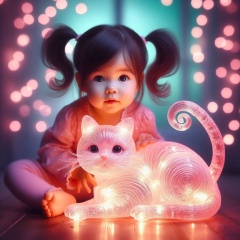 Serene Whimsical Image of Asiatic Toddler Girl with Glass Cat in a Pink-Lit Room