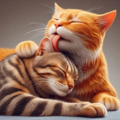 Harmony in Fur: Photorealistic AI Generated Image of an Orange Cat Grooming a Relaxed Tabby
