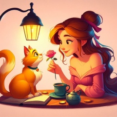 Whimsical Beauty and the Cat: Disney Pixar Style AI Generated Image