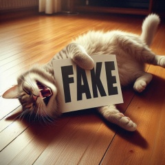 Hilarious AI-Generated Image: Gray Tabby Cat Laughing with "FAKE" Sign on Wooden Floor