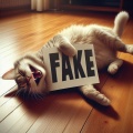 Hilarious AI-Generated Image: Gray Tabby Cat Laughing with "FAKE" Sign on Wooden Floor