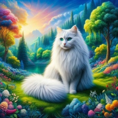 Dreamlike Pastel Nature with Fluffy White Cat