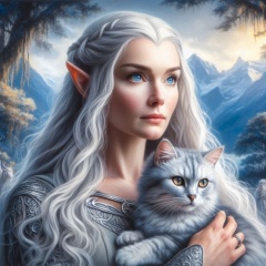 Galadriel and the Silver Cat: Mystical Oil Painting of Lothlorien